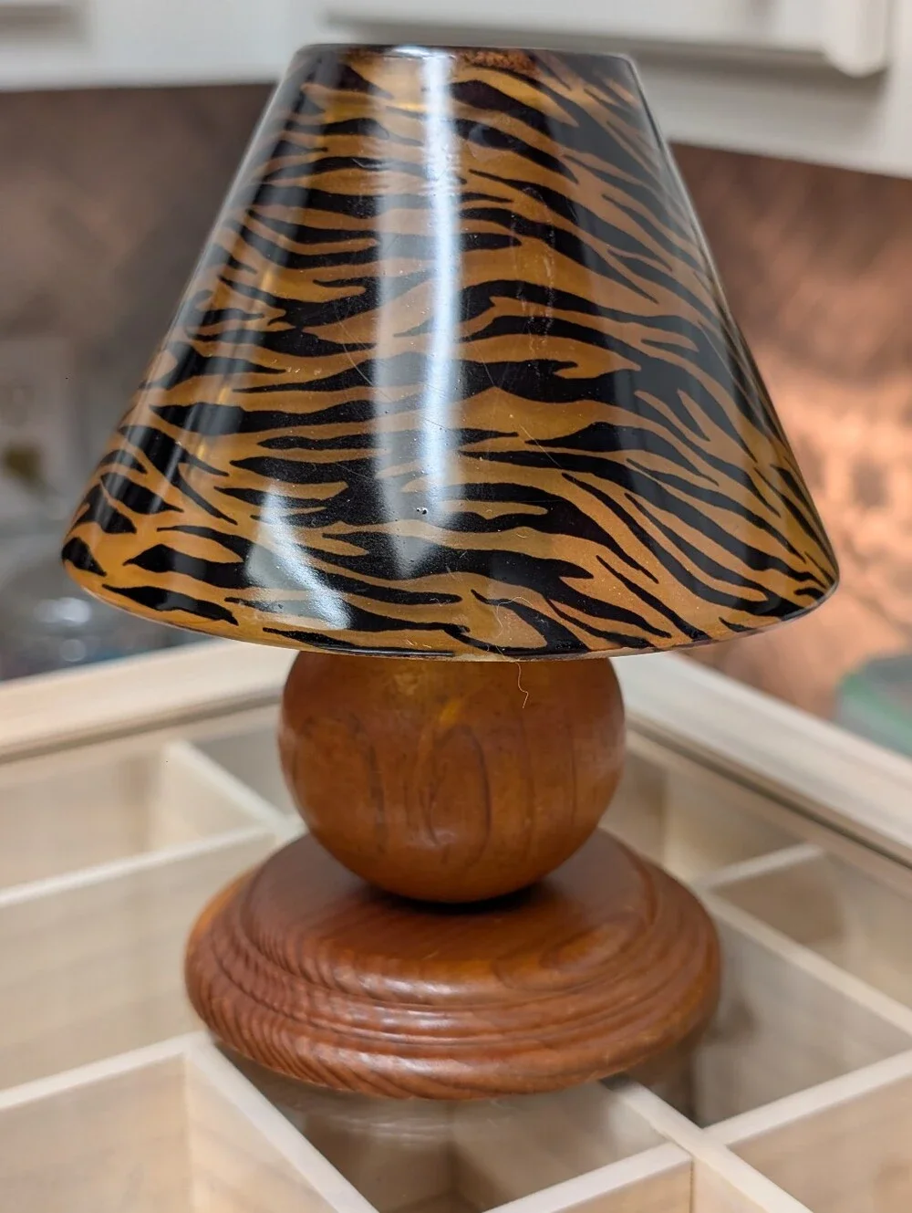 Amber Tiger-Print Tea Light Lamp With Wooden Base